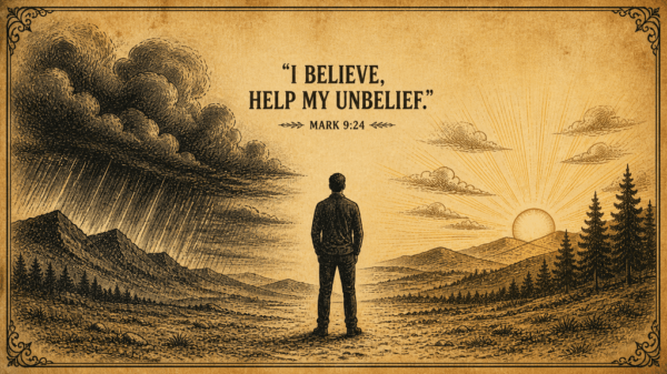 Man stands with back to the viewer in a desolate valley as storm clouds part to a sunrise; biblical quote: 'I believe, help my unbelief' (Mark 9:24) at top