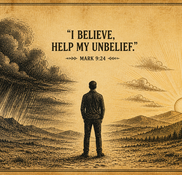 Man stands with back to the viewer in a desolate valley as storm clouds part to a sunrise; biblical quote: 'I believe, help my unbelief' (Mark 9:24) at top