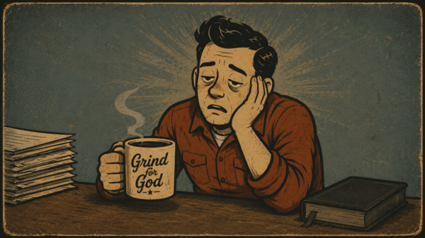 Tired man sits at a cluttered desk, holding a steaming mug that reads 'Grind for God' while resting his head on his hand.