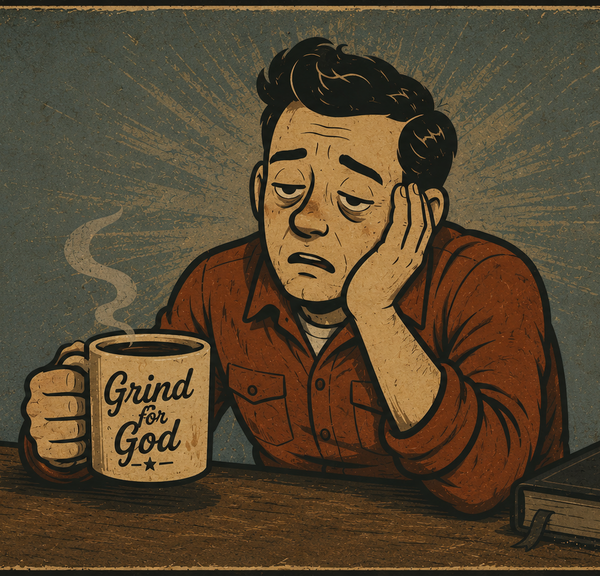 Tired man sits at a cluttered desk, holding a steaming mug that reads 'Grind for God' while resting his head on his hand.