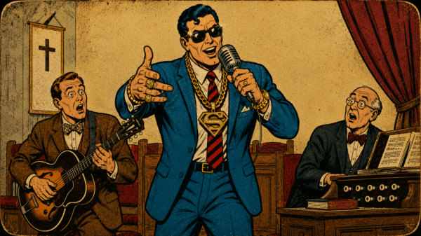 Swanky singer in a blue suit with sunglasses and gold chains performs at a microphone, while a guitarist and a pianist react on either side in a church-like room with a cross on the wall.